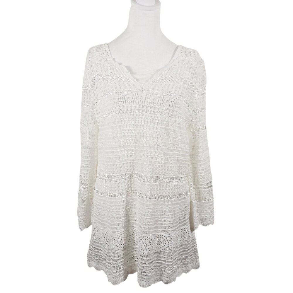 NWT Hot in Hollywood, Split V Neck 3/4 Sleeve Crochet Tunic, White, Size Medium